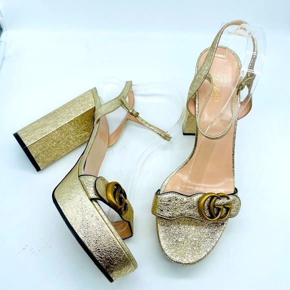 Gucci Galassia Metallic Gold leather GG Marmont ankle strap block heels 40.5 - Picture 1 of 11